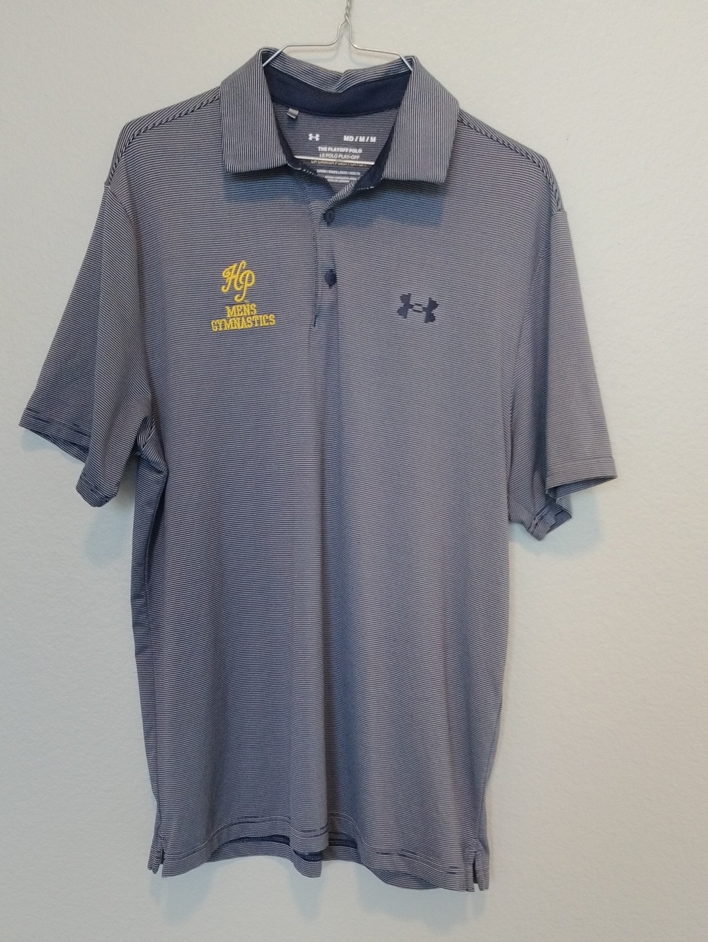 Under Armour Men's Navy Blue & White Stripe Polo with HP Gymnastics Gold Logo